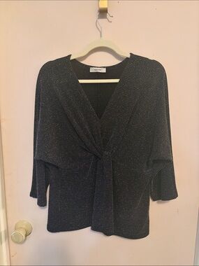 Black Metallic Tie-Front Blouse